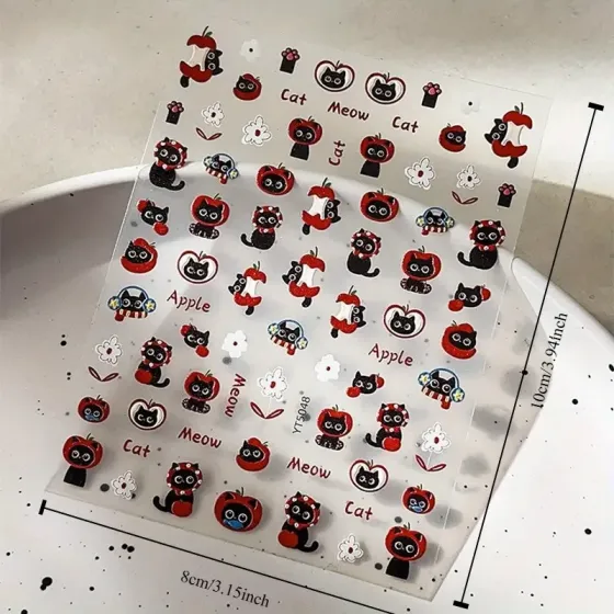 Наклейки для нігтів "Чорний кіт і червоне яблуко” — кавайні глянцеві наліпки для манікюру Київ