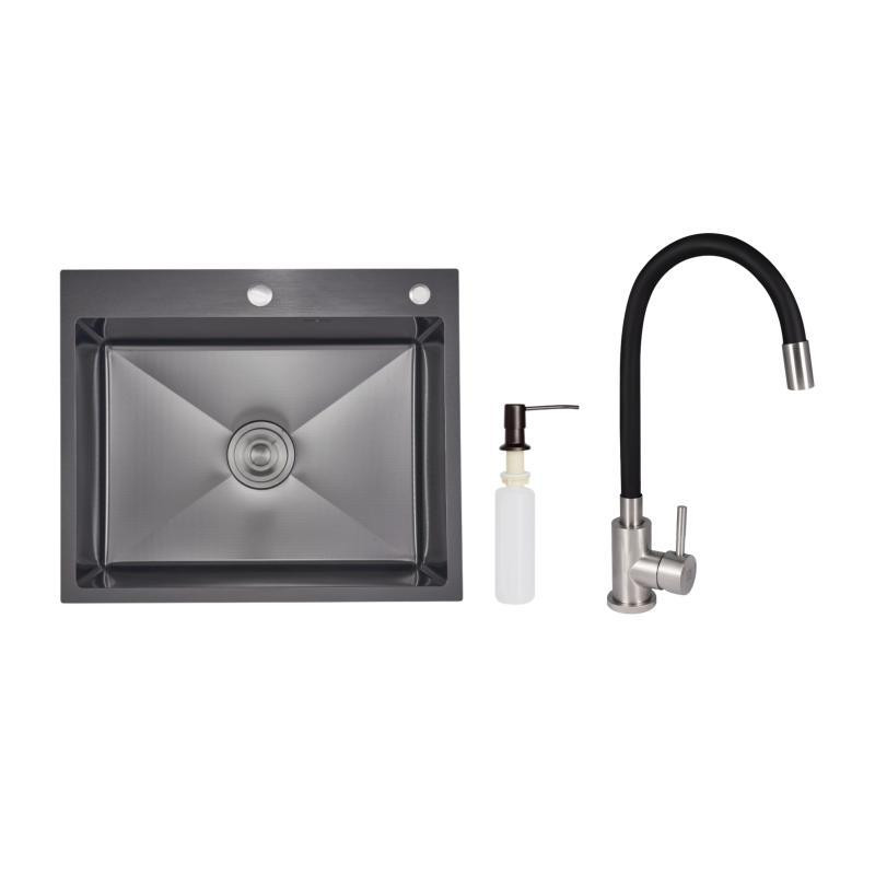 Акційний набір Lidz: мийка інтегрована Decor Black PVD Honeycomb 2,5/0,5 мм + Змішувач Aria для кухні з гнучким виливом (k35) Київ - фото 1