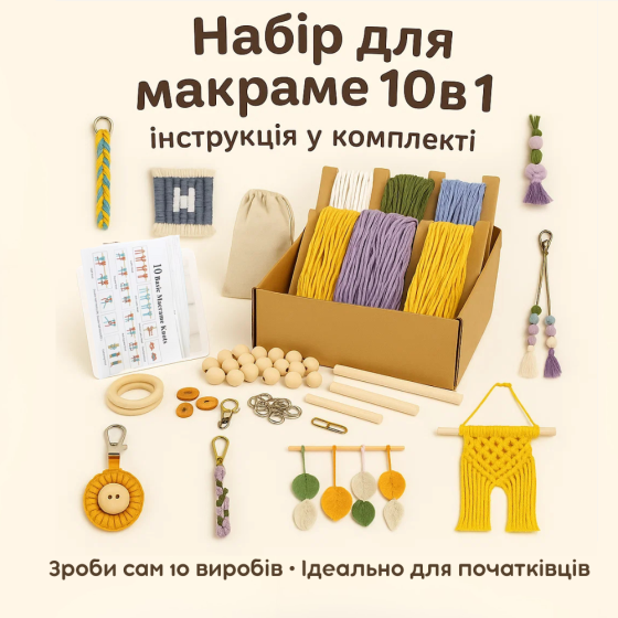 Набор макраме для ручного вязания украшений и аксессуаров для дома 10в1 для рукоделия и творчества Каменец-Подольский