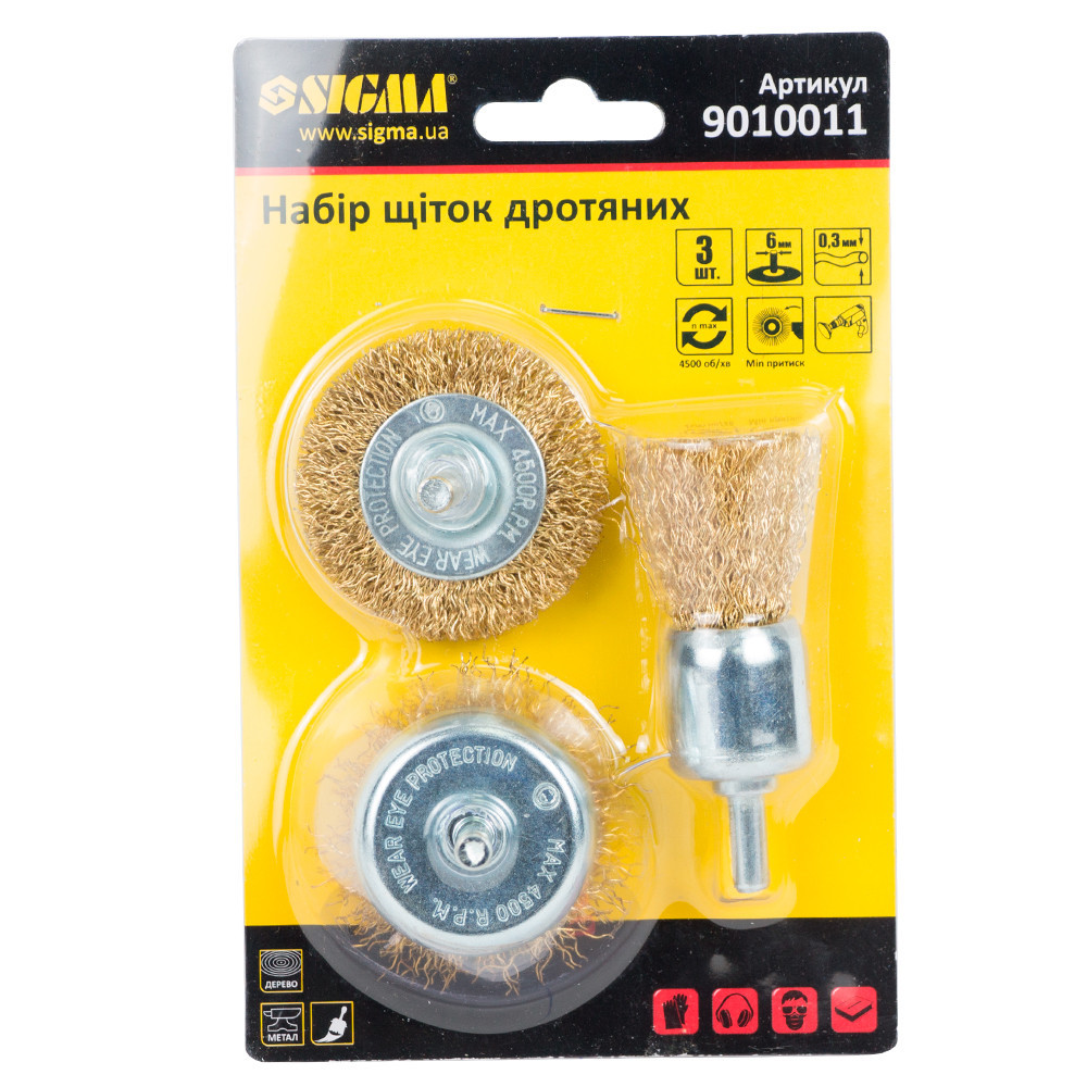 Набір щіток дротяних 3 шт. Ø25; 50; 50 мм хвостовик Ø6мм (латуновані) SIGMA (9010011) Київ - фото 2