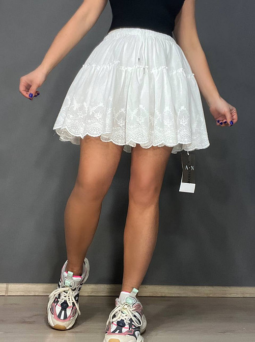 Юбка женская A-N 26070 короткая хлопковая с шортами оборки кружево резинка на талии шнурок белая, белый, M Киев - изображение 1