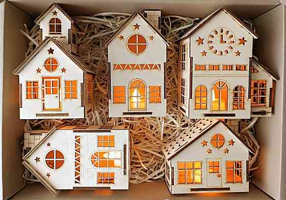 Набір будиночків з підсвіткою з дерева | Новорічна прикраса, різдвяний декор, подарунковий набір Ірпінь