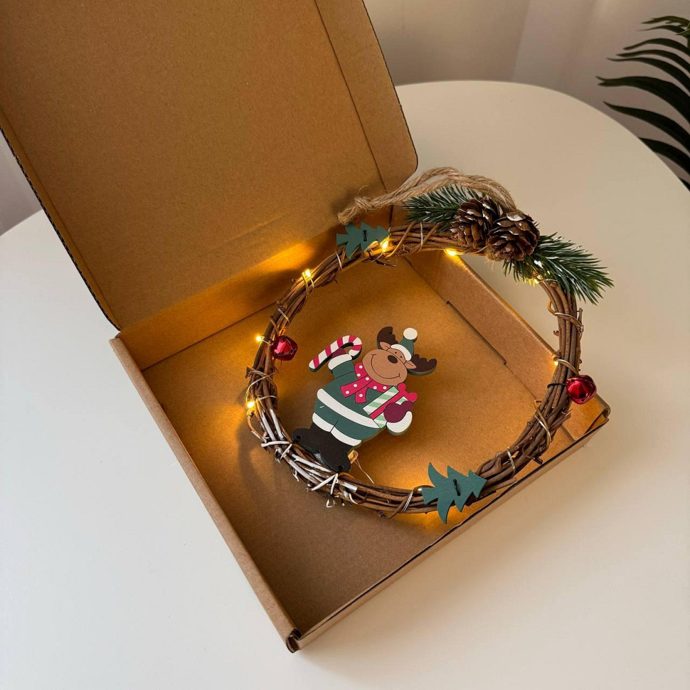 Рождественский венок из ротанги новогодний венок подвесной декор 18 см Niki Light LED от батареек олень Киев - изображение 1