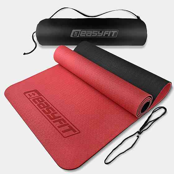 Килимок для йоги та фітнеса EasyFit TPE+TC 6мм двошаровий + Чохол червоний з чорним Коломыя