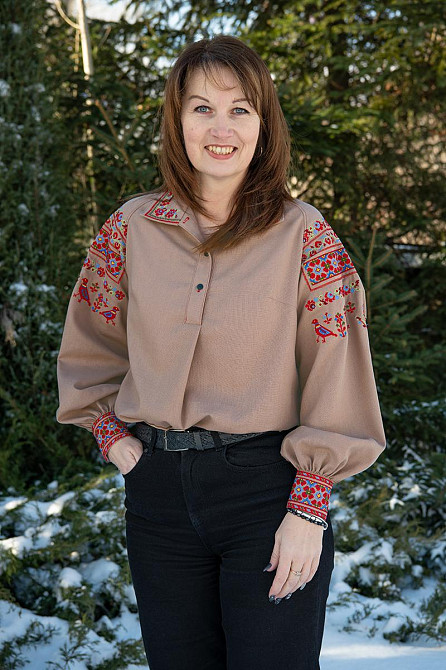 Вышиванка женская, льняная, кофейная, с длинным рукавом, топ Киев - изображение 2