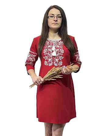 Жіноче червоне вишите плаття з квітковою білою вишивкою 60-62 Київ