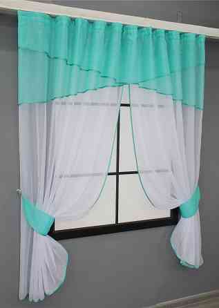 Кухонные шторы VR-Textil № 091к с ламбрекеном и подвязками бирюзовый с белым 270х170 см (52-0777) Киев