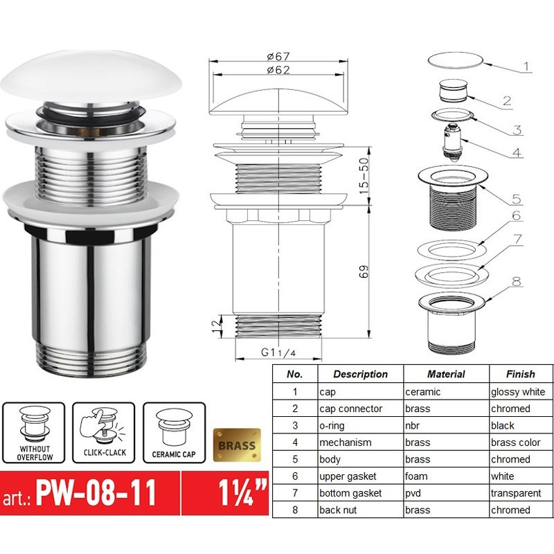 Донный клапан для раковины Koer PW-08-11 1 1/4'' без перелива автоматический СLICK-СLACK (Белая керам.накл) (KR5788) Киев - изображение 9