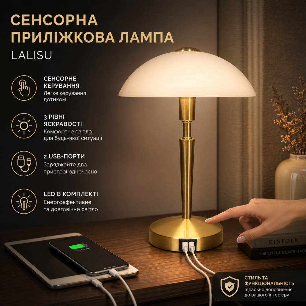 Сенсорная прикроватная лампа LALISU со стеклянным абажуром, 2 USB-порта для зарядки, 3 уровня яркости, LED в комплекте Киев - изображение 1