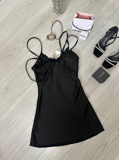 Жіноча стильна романтична сукня-комбінація дабл армані+мереживо Чорний, 46/48 Одеса - фото 1