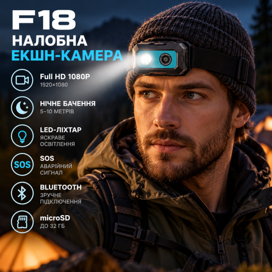 Екшн-камера F18 Full HD 1080P налобна, нічне бачення 5–10 м, LED-ліхтар, SOS, Bluetooth, microSD до 32 ГБ, чорна Київ