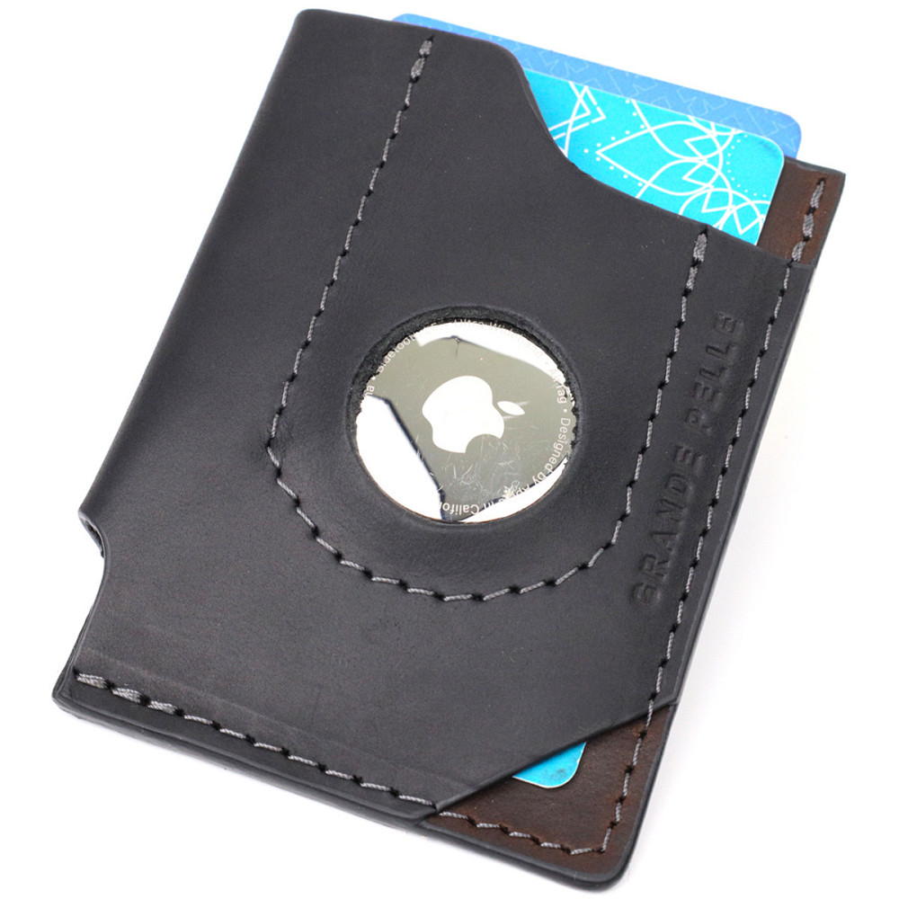 Цікавий картхолдер з утримувачем для Apple AirTag з натуральної шкіри GRANDE PELLE 11608 Чорний Київ - фото 3
