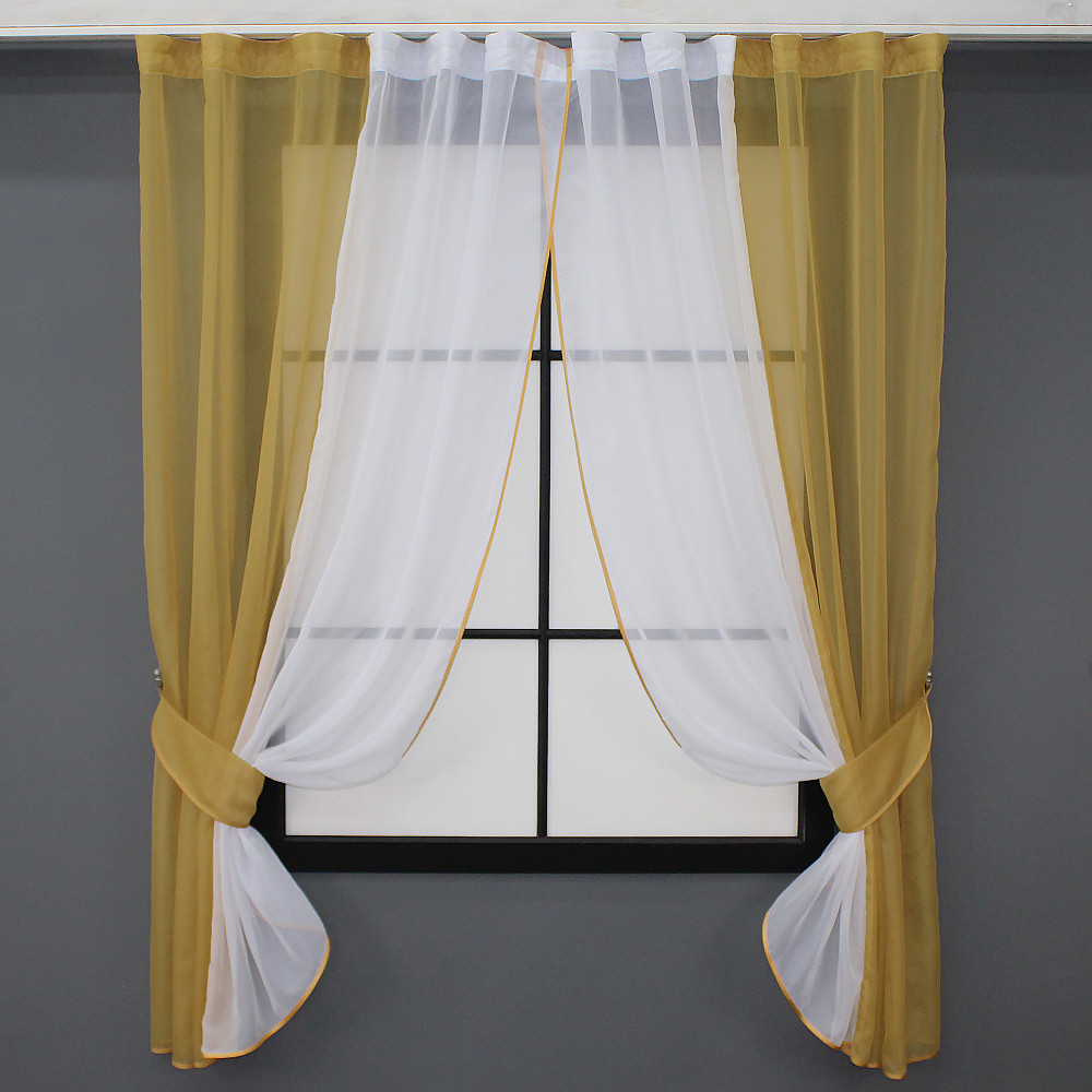 Кухонные шторы VR-Textil № 017к комбинированные с подвязками янтарный с белым 265х170 см (50-015) Киев - изображение 1