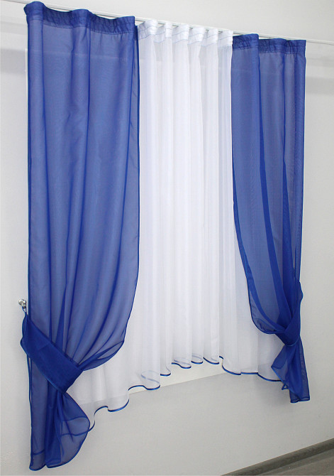 Кухонний комплект VR-Textil № 051к тюль і шторки з підв'язками синій з білим 270х170 см (50-113) Київ - фото 2