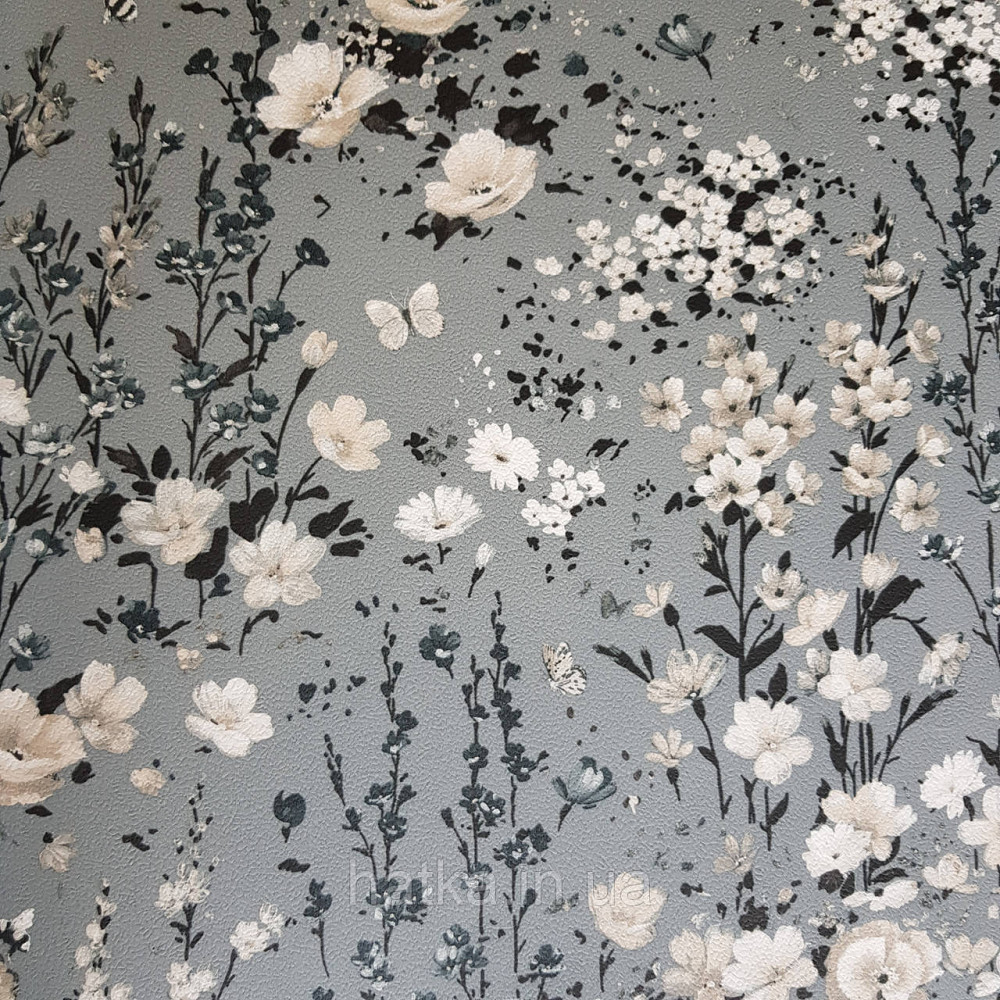 Шпалери вінілові на флізелін 0.53х10.05 Rasch Textil Petite Fleur 5.квіти прованс білі, бежеві, чорні на сірому Київ - фото 2