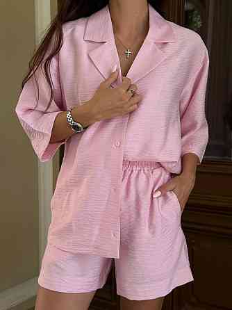 Женский летний базовый костюм двойка: шорты + рубашка свободного кроя лен бохо 46/48, Барби Одесса