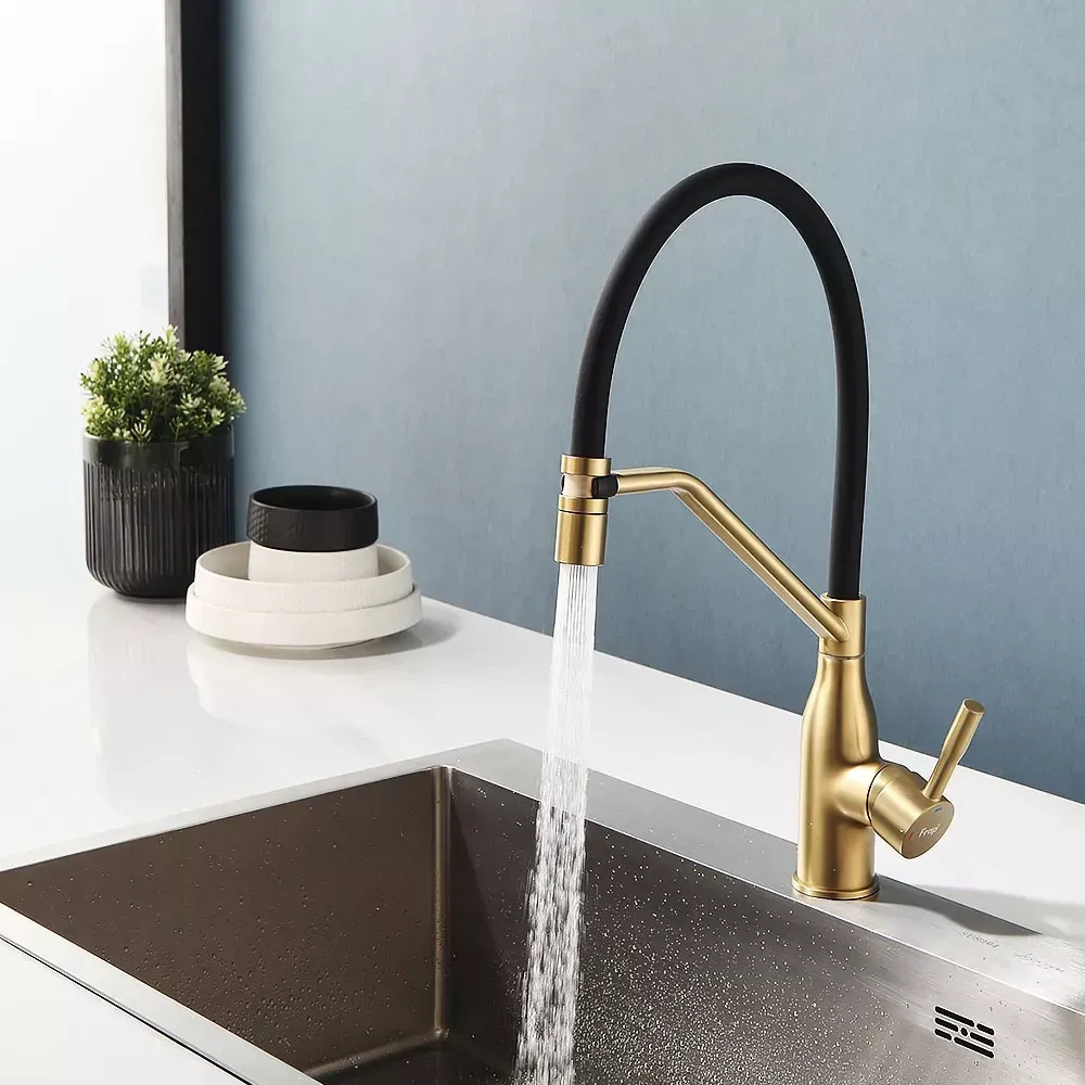 Змішувач для кухні з гнучким виливом FRAP F4497-3 золото/чоний Київ - фото 2