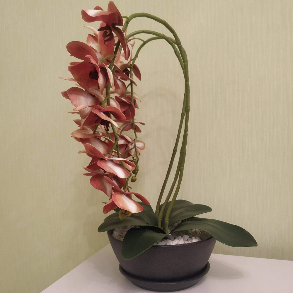 Штучна латексна орхідея VIP у керамічному кашпо кольору антрацит на три гілки персикова Дніпро - фото 8