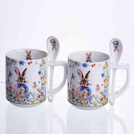 Набір подарункових чашок порцелянових Garden Rabbits 2 штуки по 300 мл із ложками HP-7323-3 Коломия