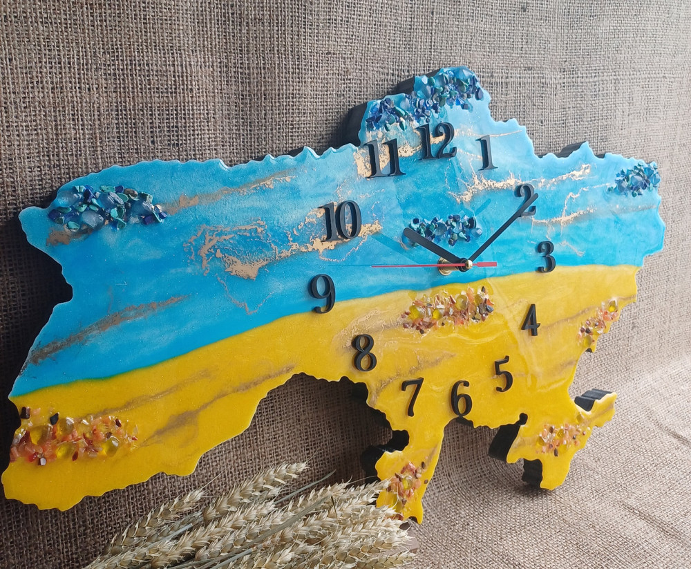 Настінний годинник з епоксидної смоли ручної роботи "Карта України" 40х25 см Дніпро - фото 2