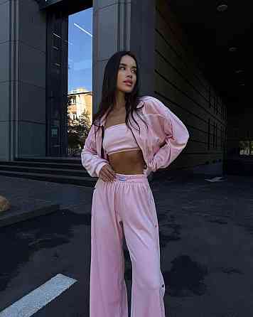 Жіночий теплий стильний костюм-трійка з м'якого велюру. Рожевий, 42/44 Одеса