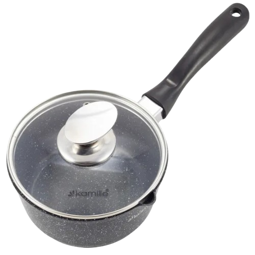 Ковш литий алюміній 1,35л d16*8см скляна кришка антипригарне покриття чорний мармур 4436 KAMILLE Житомир - изображение 4