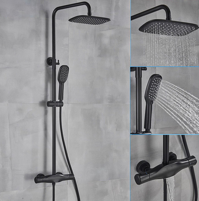 Душовий настінний комплект WanFan, з верхнім душем, лійкою, регульований тримач ручного душу Чорний Кам'янець-Подільський - фото 2