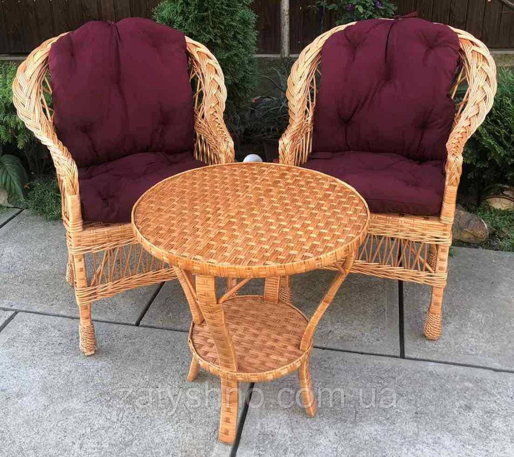 Плетені меблі з 2 кріслами |  Меблі з лози з подушками бордовими | меблі плетені з журнальним  Київ - фото 2