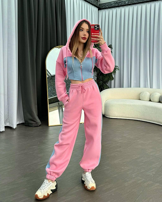 Женский стильный костюм двойка в спортивном стиле трехнить на флисе Розовый, 46/48 Одесса - изображение 1