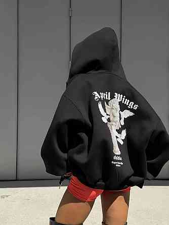 Жіноча утеплена оверсайз худі на блискавці з накатом тринитка на флісі Чорний Одеса