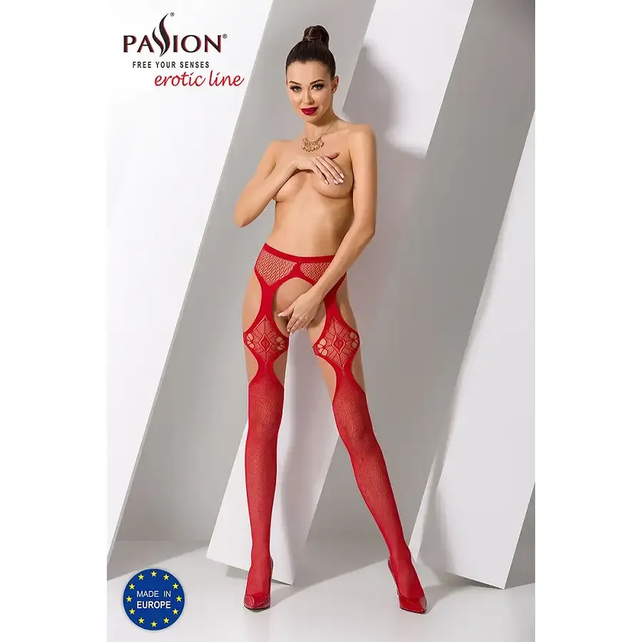 Еротичні колготки-бодістокінги Passion S023 One Size, Red, імітація панчіх з ромбами та пояском Львов - изображение 2