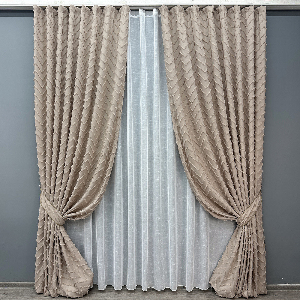 Комплект штор VR-Textil Лен Букле 200х270 2шт и Тюль 500х270 1813ш-115т Пудровый с белым 71-039/6 Киев - изображение 1