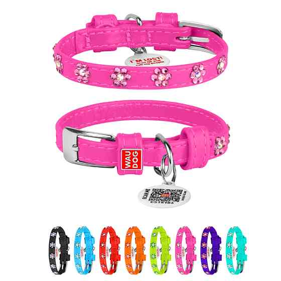 Нашийник для собак шкіряний WAUDOG Glamour з QR паспортом, з клейовими стразами "Квіти", Ш 9 мм Коломыя