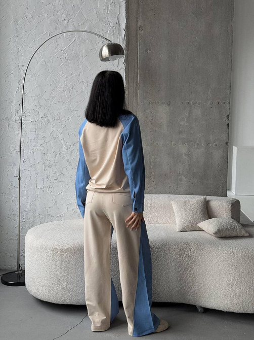 Жіночий ефектний комбінований костюм-двійка: кофта та штани джинс-котон + турецька двонитка Блакитний, 46/48 Одеса - фото 10