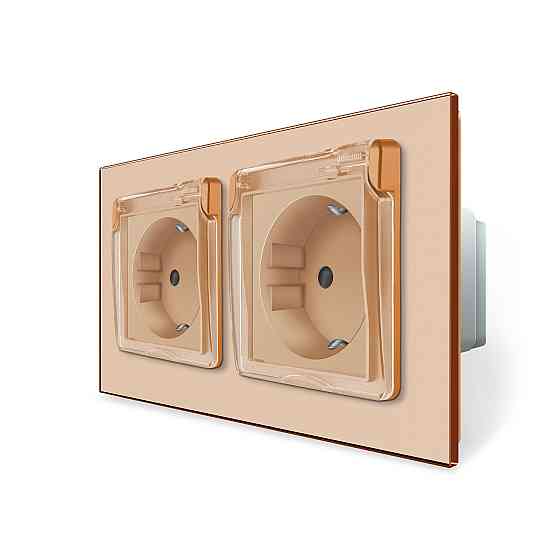 Подвійна електрична розетка вологозахисна з кришкою IP44 з заземленням, LIVOLO, золота, скляна рамка, шторки, 250В 16А (VL-C7C2EUWF-13) Коломыя