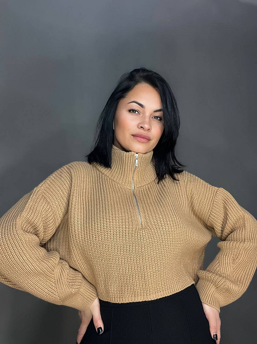 Свитер женский 6752 короткий широкий оверсайз молния на воротнике, карамель, one size Киев - изображение 12