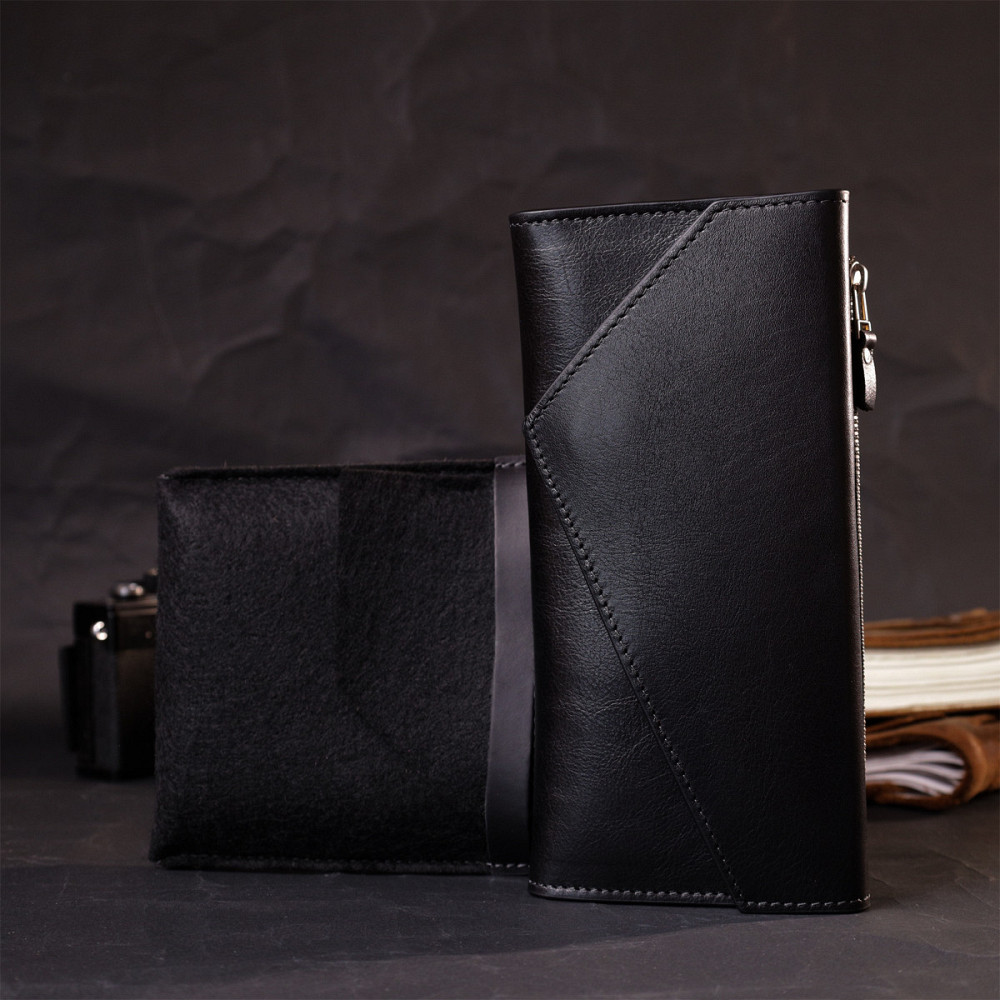 Стильний гаманець із монетницею зовні з натуральної шкіри GRANDE PELLE 11646 Чорний Київ - фото 1