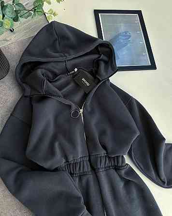 Женский теплый комбинезон с капюшоном трехнитка на флисе + нашивка Графит, 46/48 Одесса
