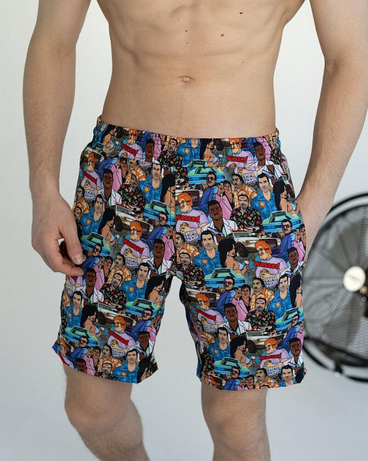 Мужские пляжные шорты с принтом голубые Pobedov Vocation GTA Киев - изображение 1