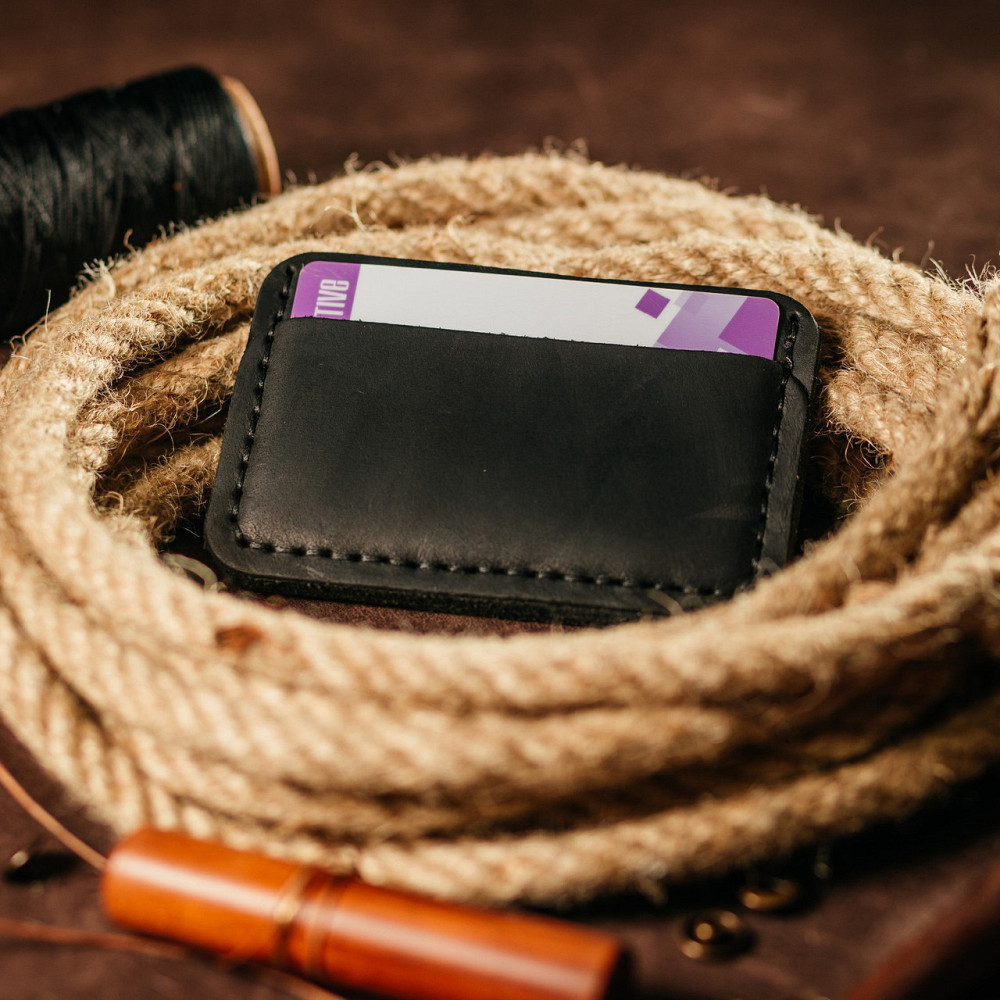 Картхолдер Чорний з тисненням Герб шкіряний, стильний органайзер чохол зі шкіри для 4 банківських картокMasterSem Київ - фото 3