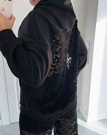 Женское стильное худи с прозрачной спинкой из кружева трехнитка на флисе + гипюр Одесса