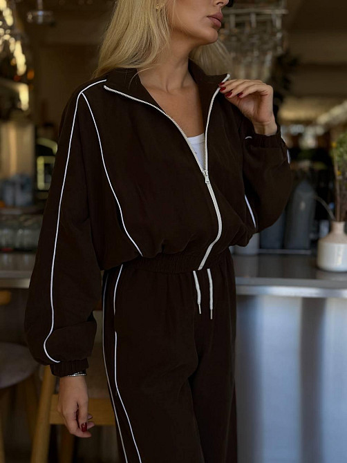 Женский стильный костюм двойка: кофта и штаны в спортивном стиле купра с бархатным напылением Шоколад, 44/46 Одесса - изображение 5