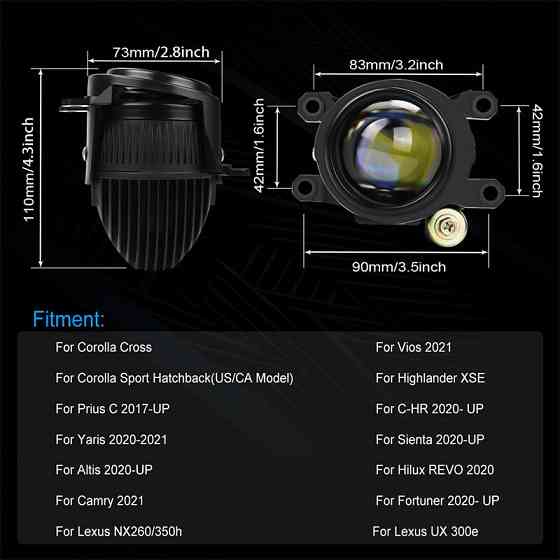 Туманки 2.0" Bi-LED Fog Projector Lens 6000K For Toyota Corolla Sienna C-HR Fortuner Харків