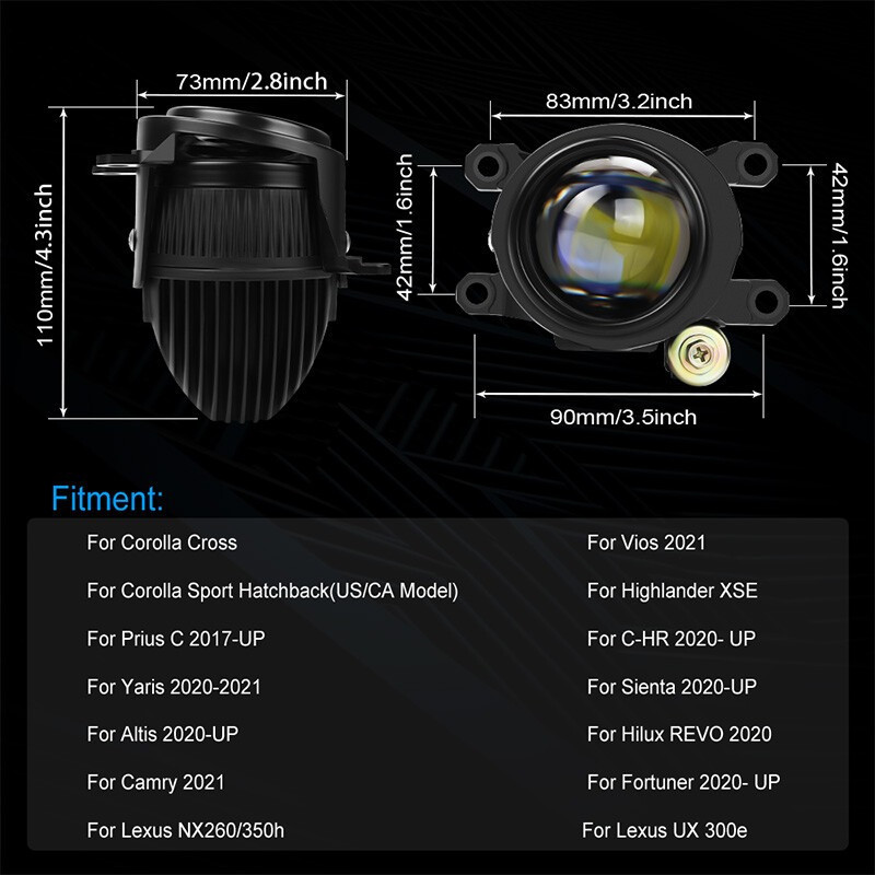 Туманки 2.0" Bi-LED Fog Projector Lens 6000K For Toyota Corolla Sienna C-HR Fortuner Харків - фото 2