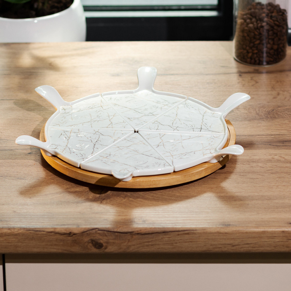 Yiwu Тарілка для піци 28 см порцелянова з бамбуковою підставкою, що обертається, секційна Киев - изображение 2