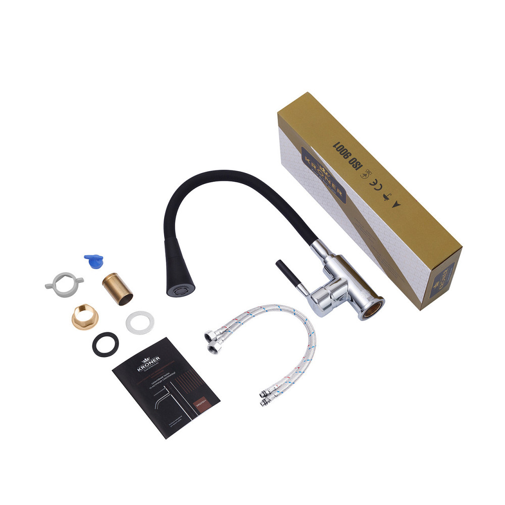 Смеситель для кухни с гибким изливом Kroner KRM Kuche - C132BLK хром/черный Киев - изображение 9