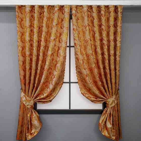 Комплект готовых штор VR-Textil Жаккард Завиток с люрексом № 1646ш Оранжевый с золотистым 145х170 см 2 шт (35-0258) Киев