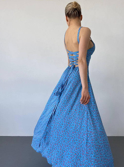 Женское романтичное платье макси на бретелях с разрезом штапель 42/44, Голубой Одесса - изображение 10