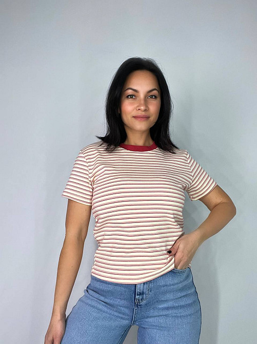Футболка жіноча A-N 25189 в смужку базова модель середня довжина one size, бордовий, one size Київ - фото 1