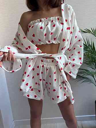 Жіночий ніжний домашній костюм-трійка: халат топ і шорти із сердечками муслін 100% бавовна Білий 2 Одеса